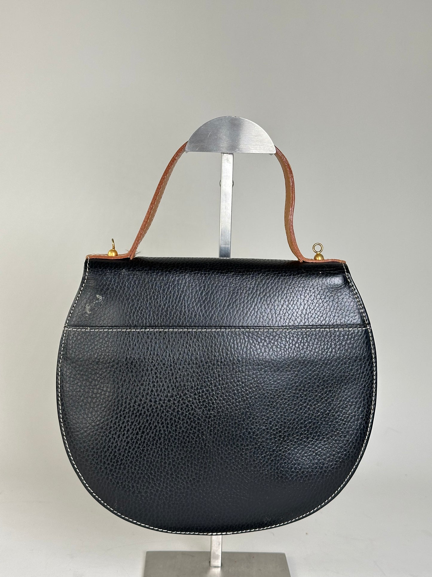 Vintage Courreges Textured Leather Shoulder Bag Black Tan