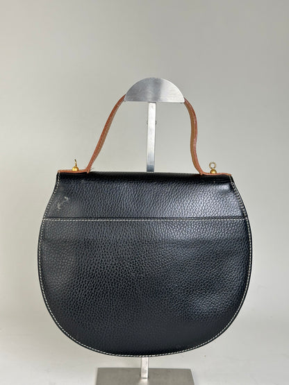 Vintage Courreges Textured Leather Shoulder Bag Black Tan