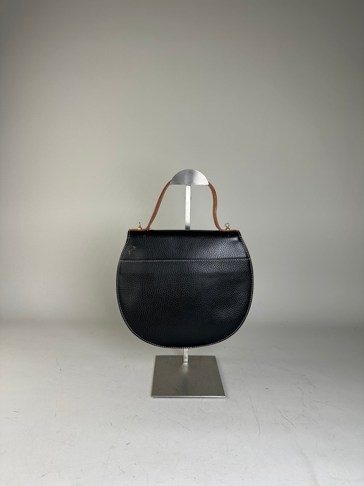 Vintage Courreges Textured Leather Shoulder Bag Black Tan