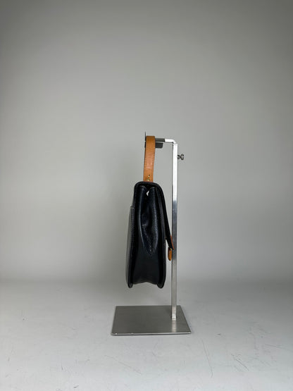 Vintage Courreges Textured Leather Shoulder Bag Black Tan