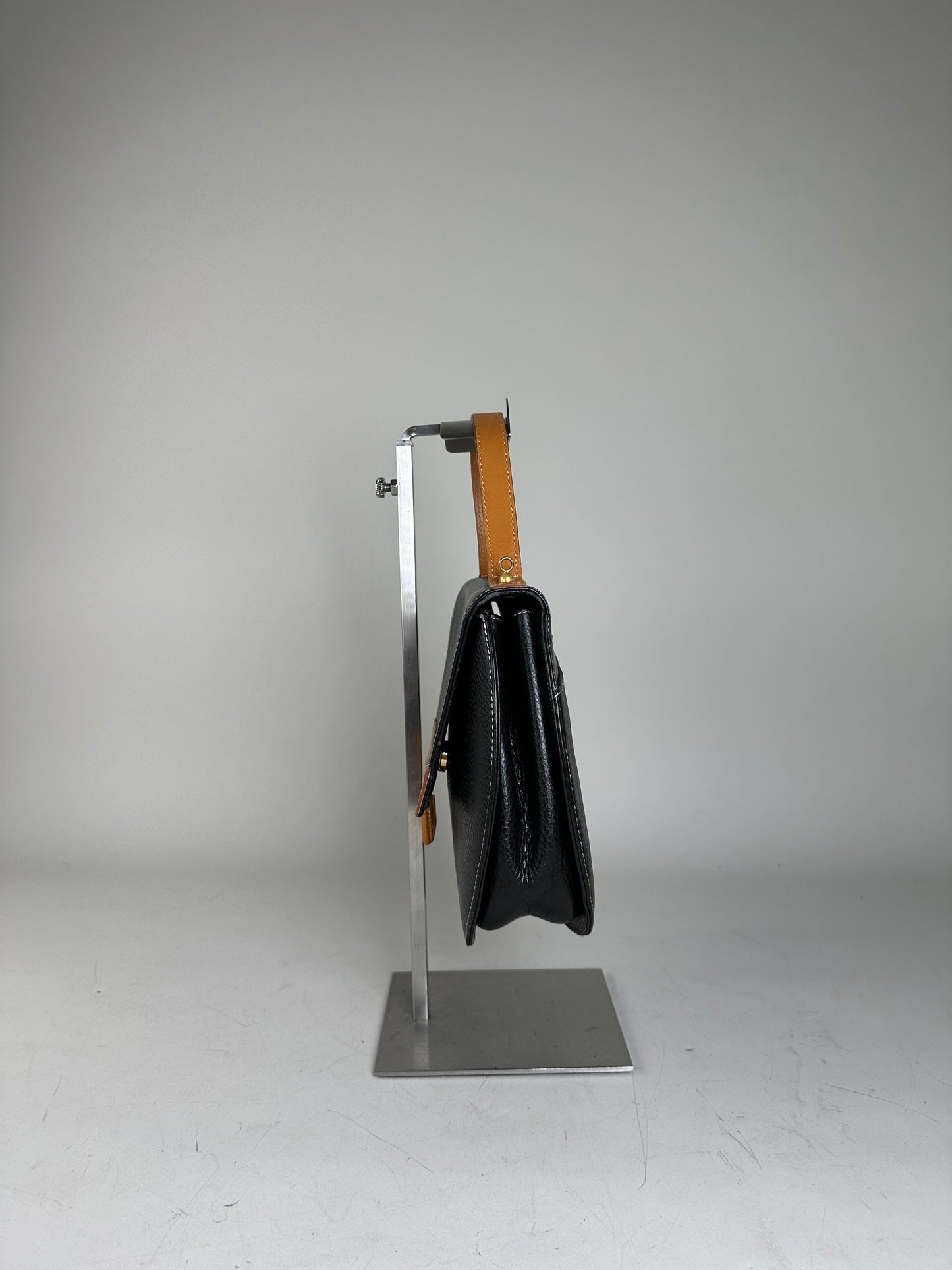 Vintage Courreges Textured Leather Shoulder Bag Black Tan