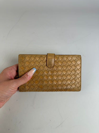 Vintage Bottega Veneta Intrecciato Woven Leather Wallet Gold
