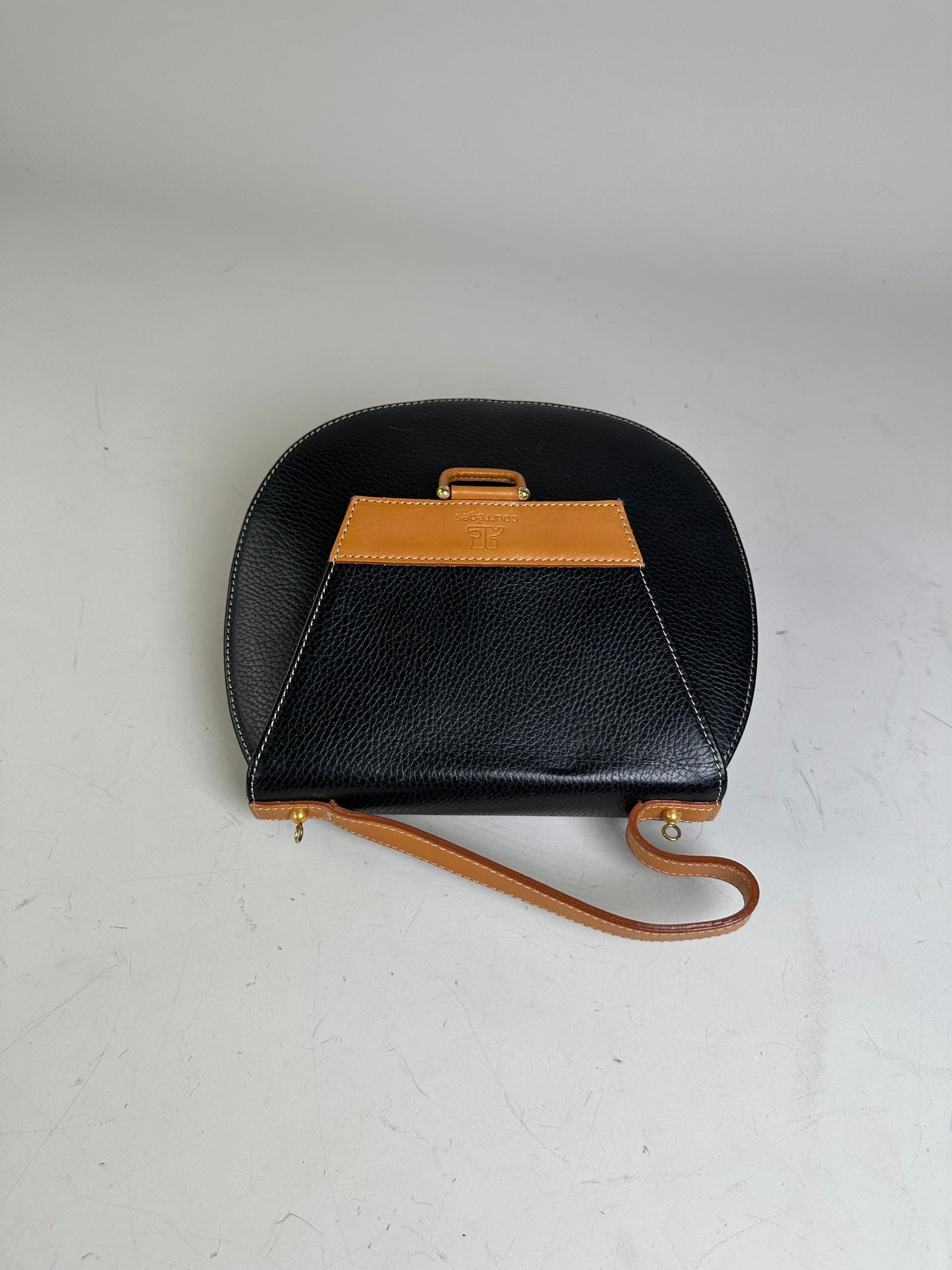 Vintage Courreges Textured Leather Shoulder Bag Black Tan