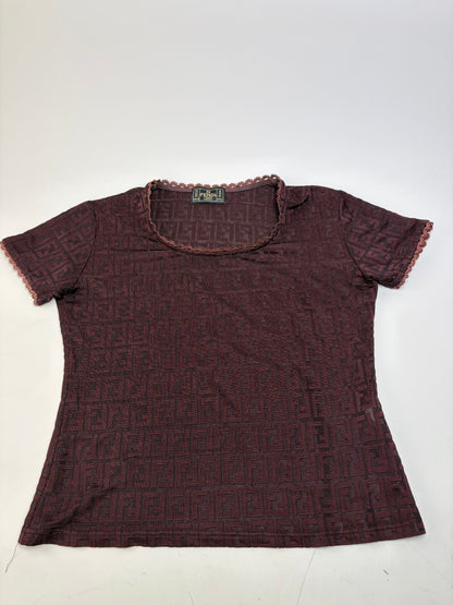 Vintage Fendi FF Monogram Jersey T-Shirt Burgundy M