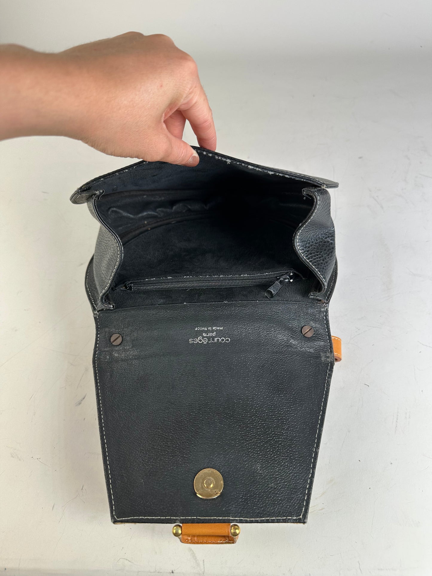 Vintage Courreges Textured Leather Shoulder Bag Black Tan