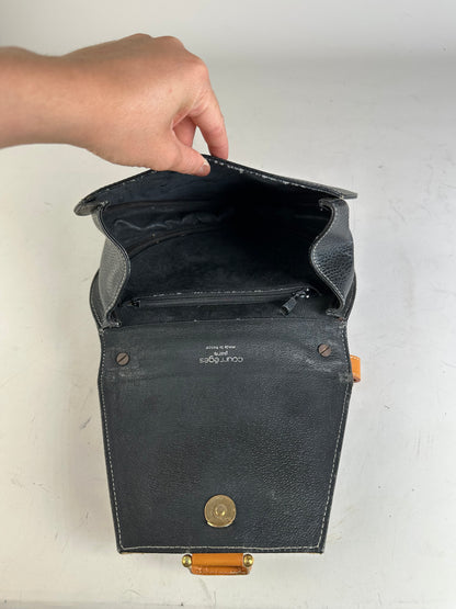 Vintage Courreges Textured Leather Shoulder Bag Black Tan