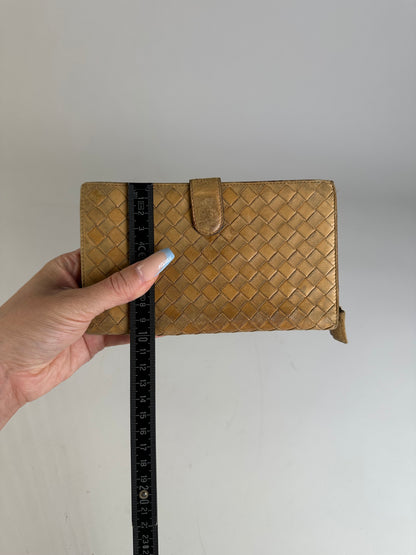 Vintage Bottega Veneta Intrecciato Woven Leather Wallet Gold
