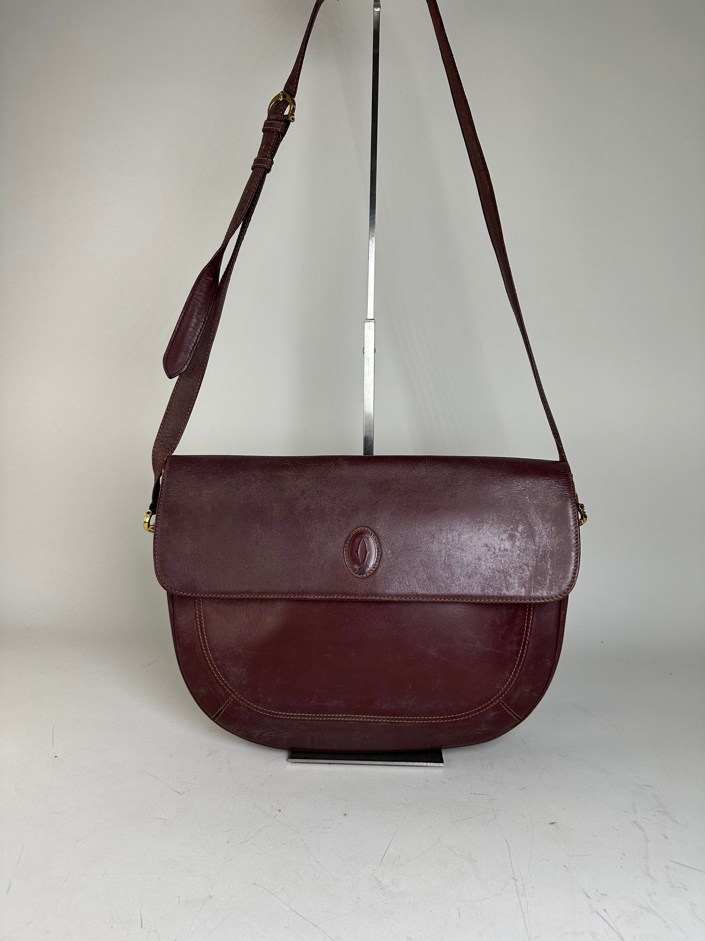 Vintage Cartier Leather Shoulder Bag Burgundy Gold