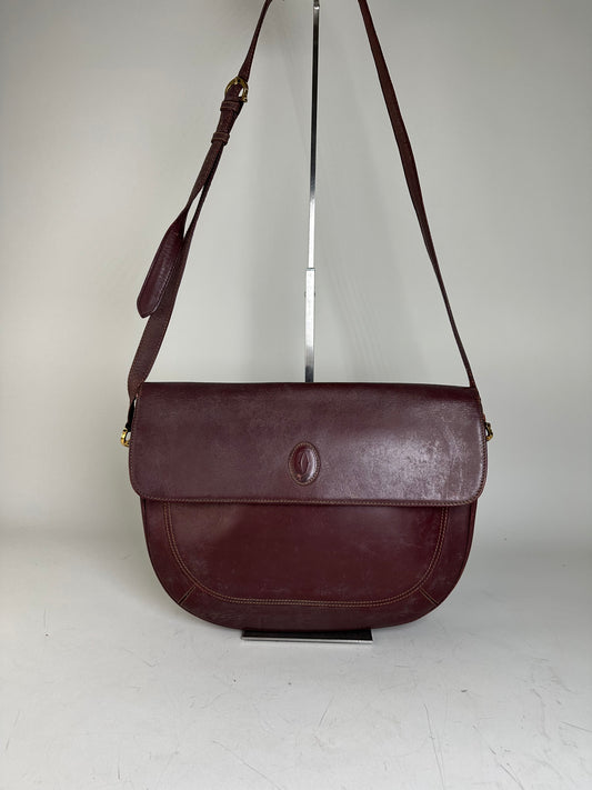 Vintage Cartier Leather Shoulder Bag Burgundy Gold