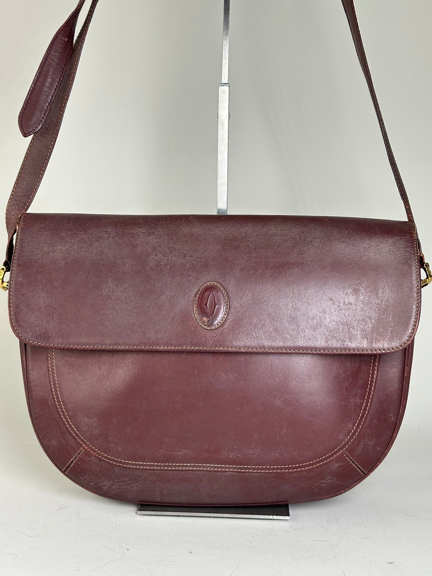Vintage Cartier Leather Shoulder Bag Burgundy Gold