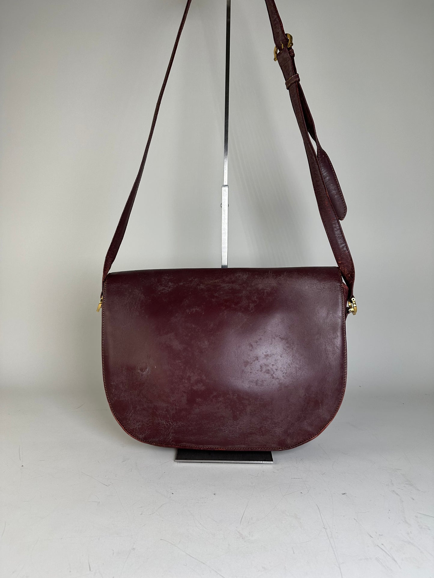 Vintage Cartier Leather Shoulder Bag Burgundy Gold