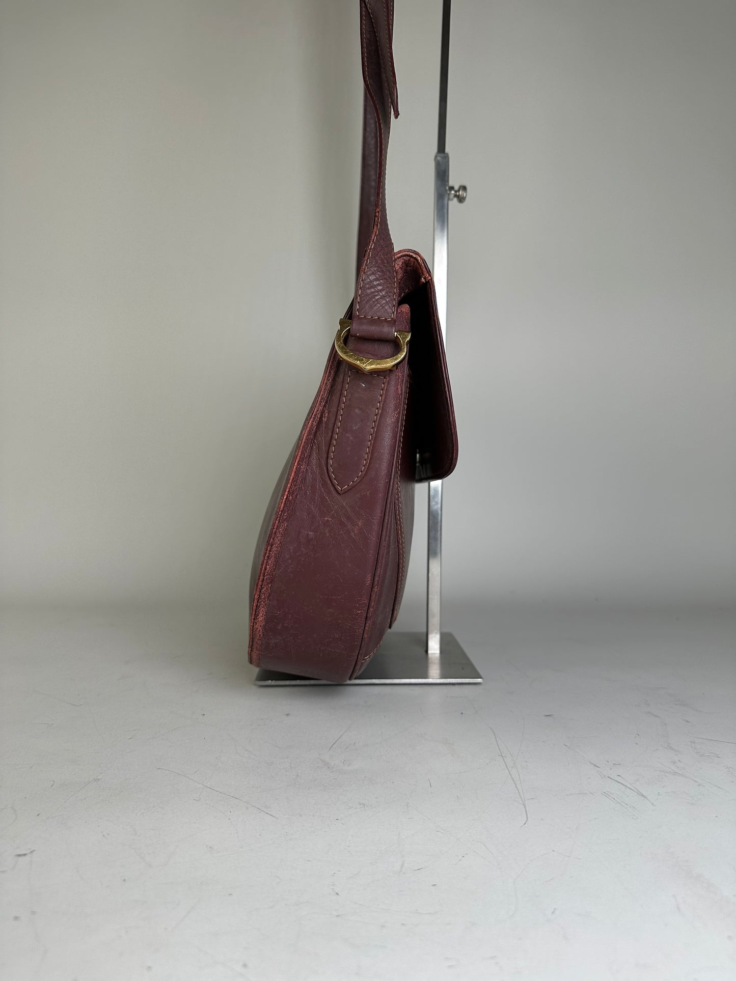 Vintage Cartier Leather Shoulder Bag Burgundy Gold