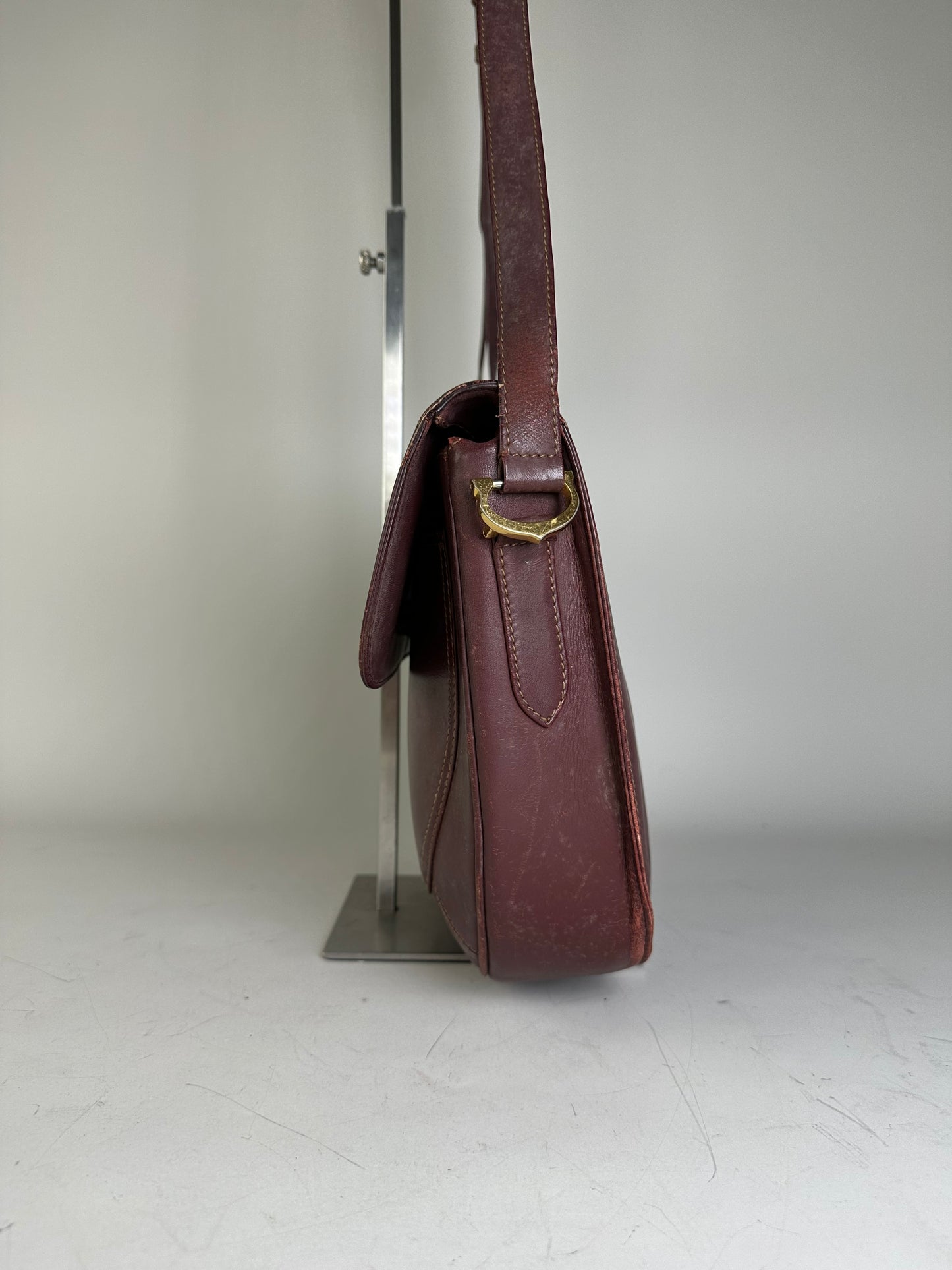 Vintage Cartier Leather Shoulder Bag Burgundy Gold
