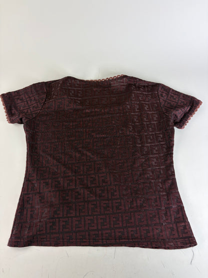 Vintage Fendi FF Monogram Jersey T-Shirt Burgundy M