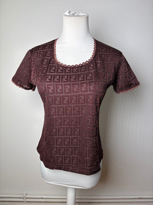 Vintage Fendi FF Monogram Jersey T-Shirt Burgundy M