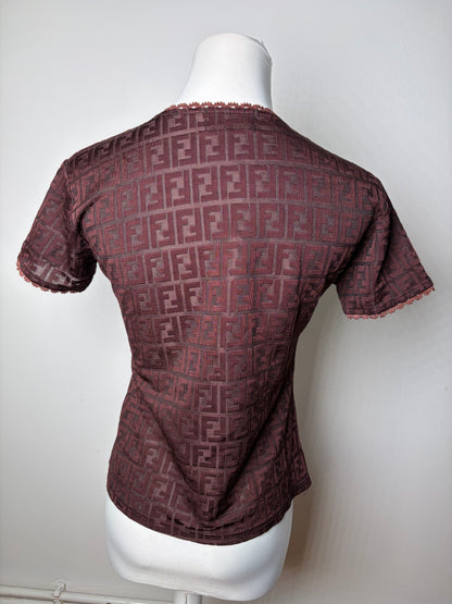 Vintage Fendi FF Monogram Jersey T-Shirt Burgundy M
