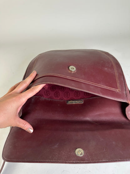Vintage Cartier Leather Shoulder Bag Burgundy Gold