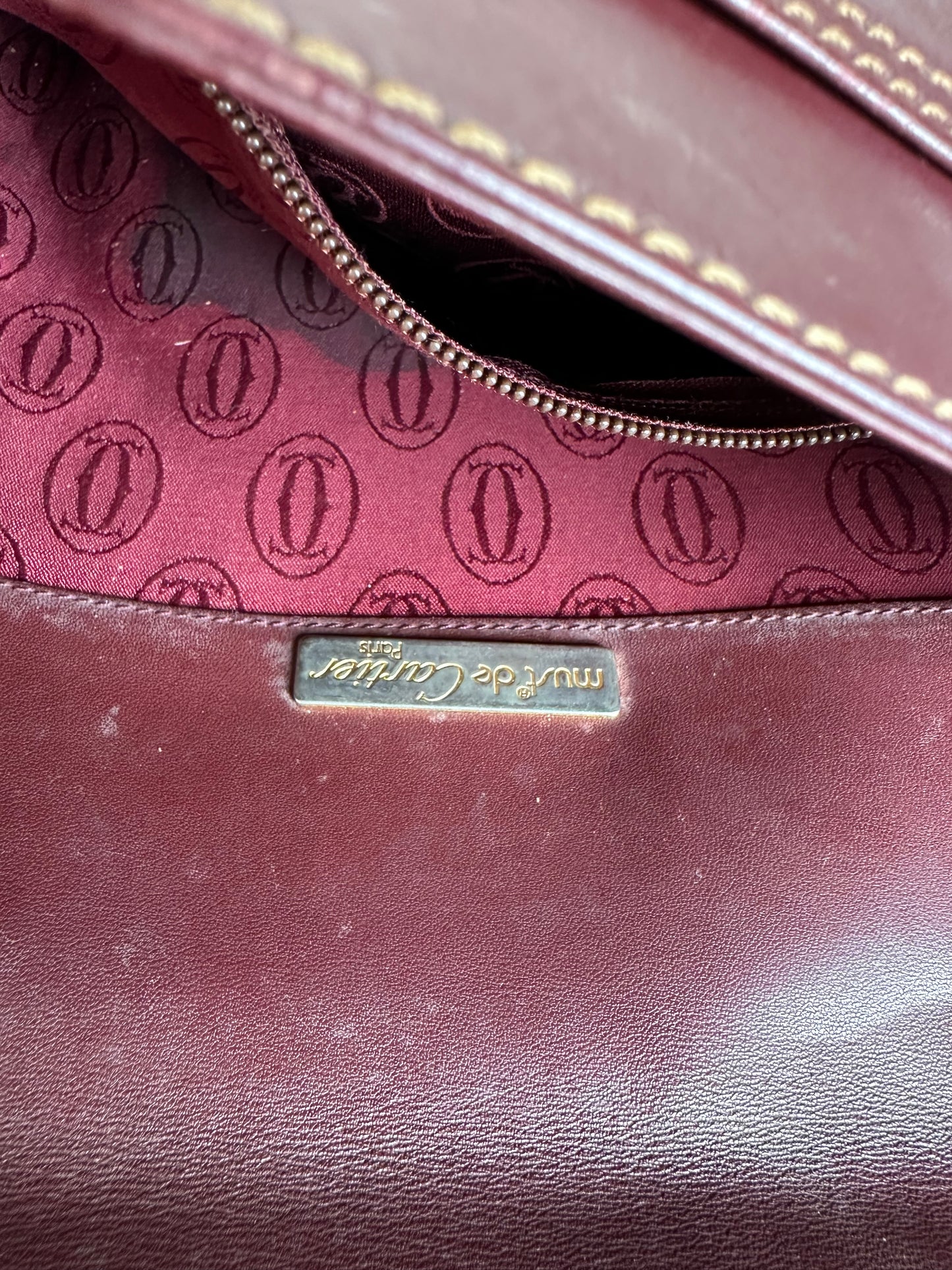 Vintage Cartier Leather Shoulder Bag Burgundy Gold