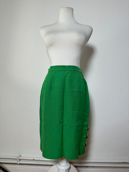 Vintage Dior Linen Blend Skirt Green Gold Buttons