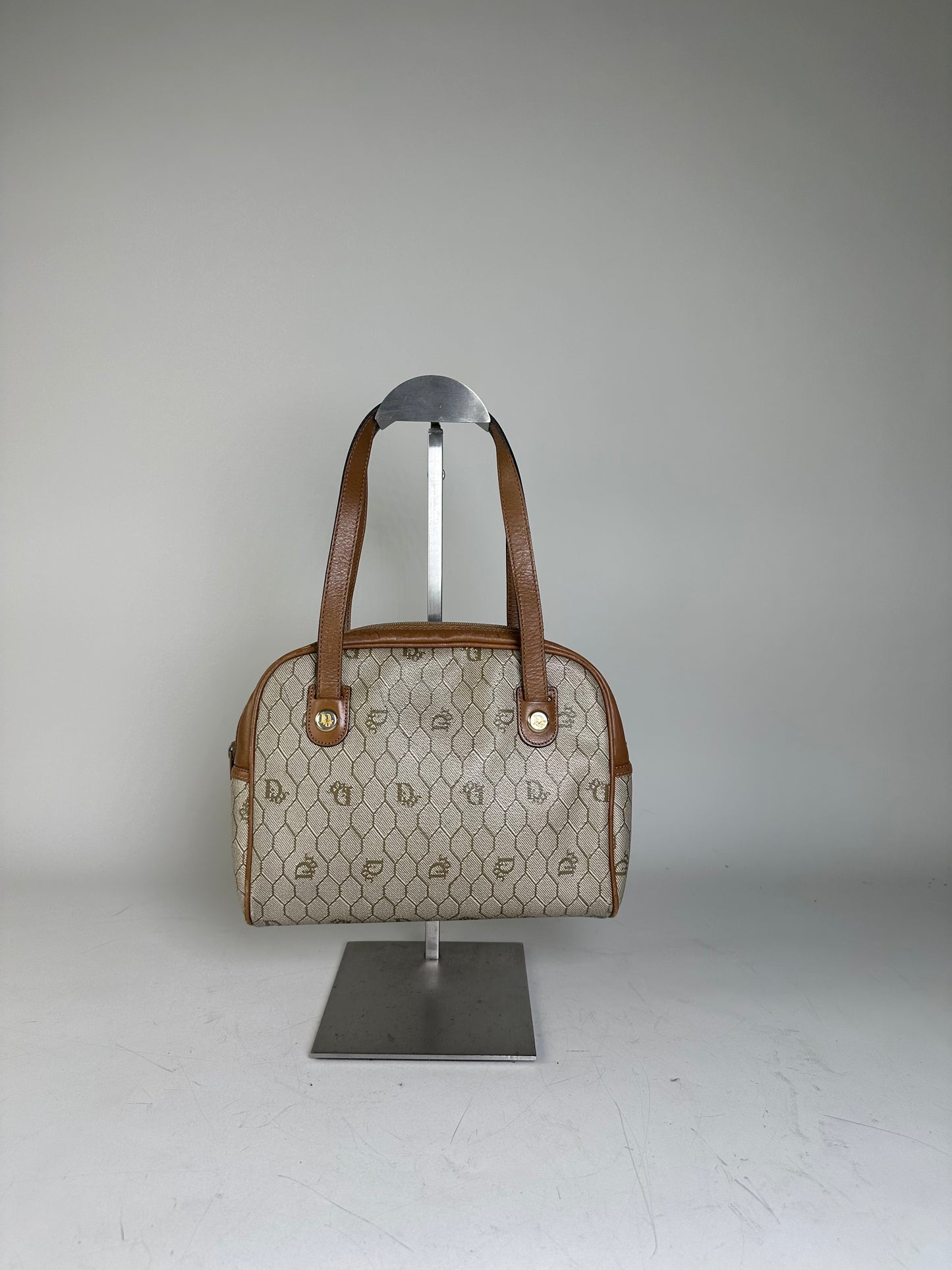 Vintage Dior Monogram Canvas Handbag Beige Brown Gold