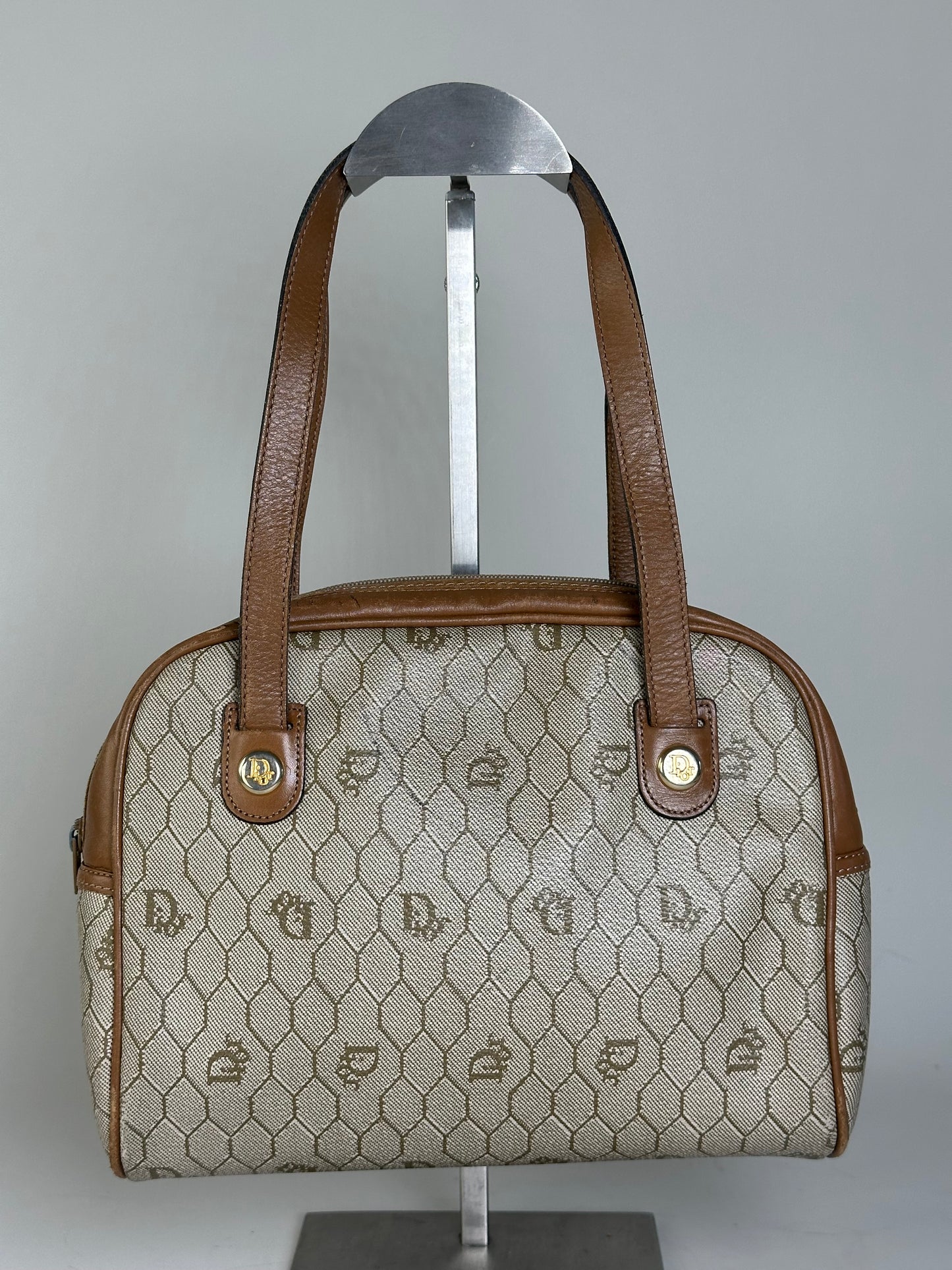 Vintage Dior Monogram Canvas Handbag Beige Brown Gold