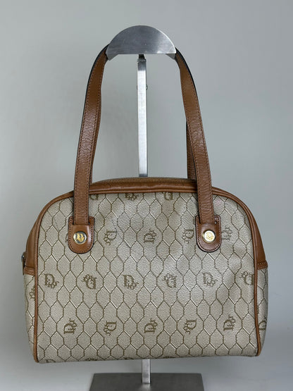 Vintage Dior Monogram Canvas Handbag Beige Brown Gold