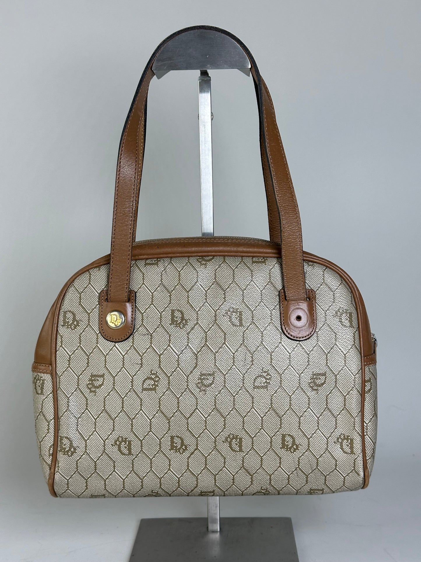 Vintage Dior Monogram Canvas Handbag Beige Brown Gold