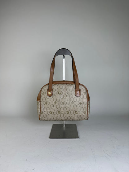 Vintage Dior Monogram Canvas Handbag Beige Brown Gold