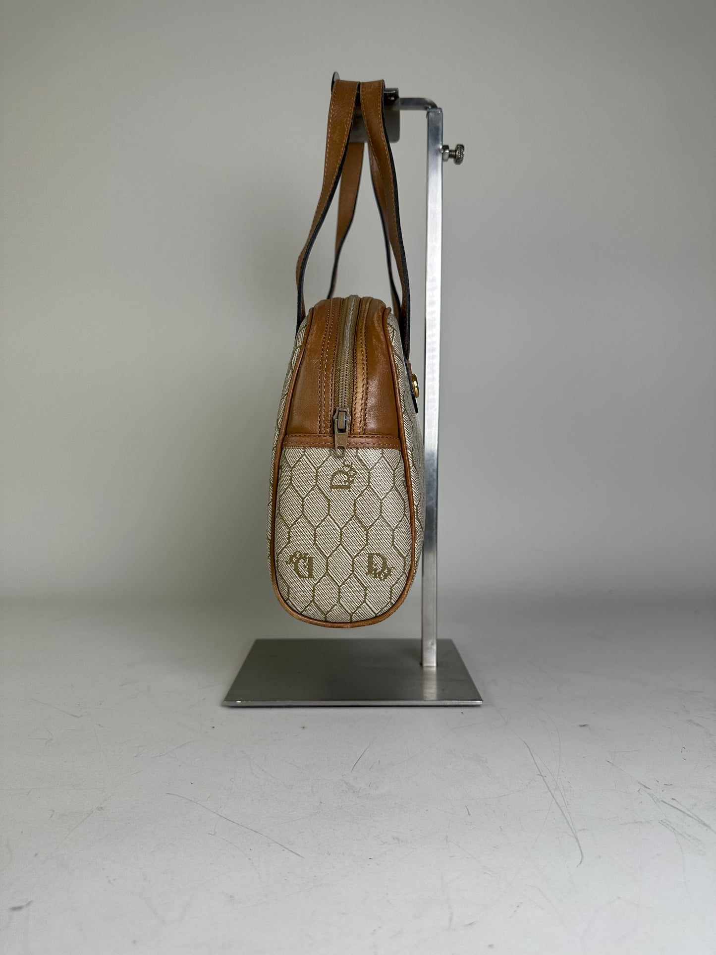 Vintage Dior Monogram Canvas Handbag Beige Brown Gold