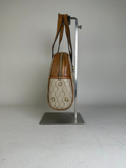 Vintage Dior Monogram Canvas Handbag Beige Brown Gold