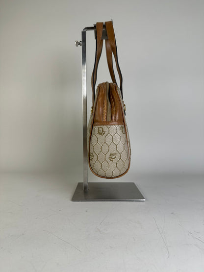 Vintage Dior Monogram Canvas Handbag Beige Brown Gold