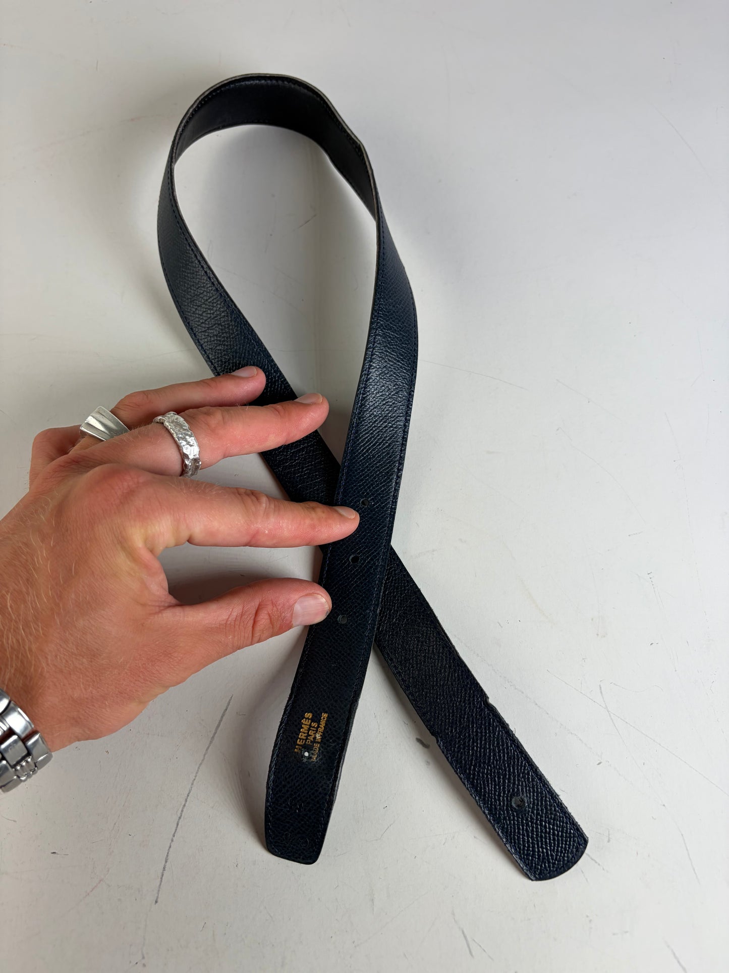 Vintage Hermes Leather Belt Strap Navy Gold