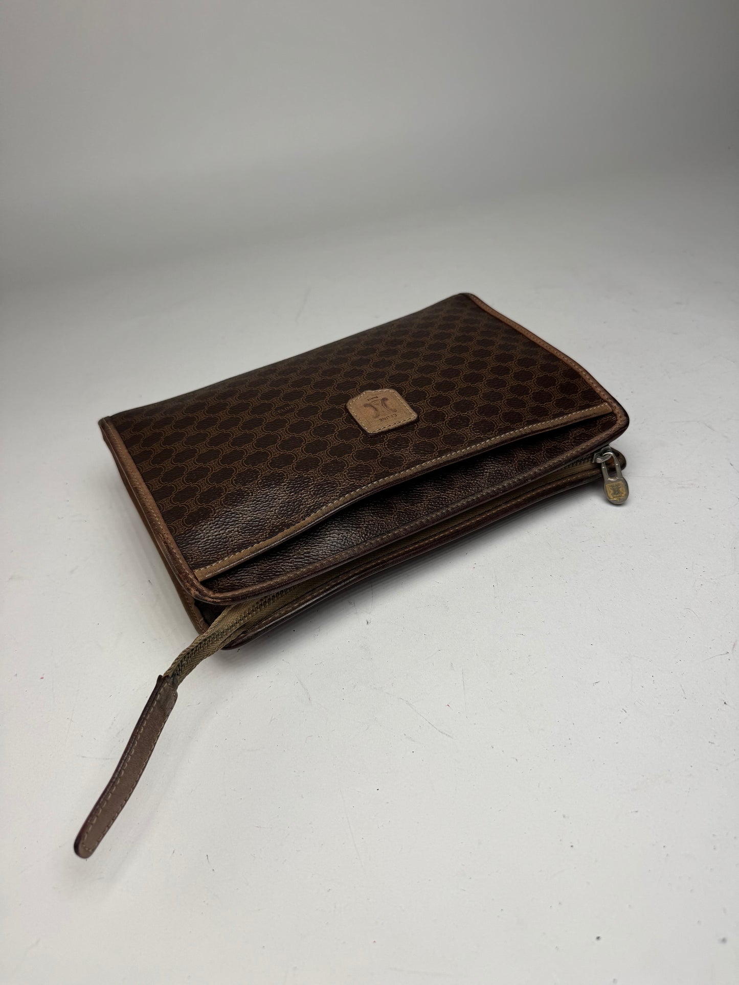 Vintage Celine Monogram Leather Clutch Brown