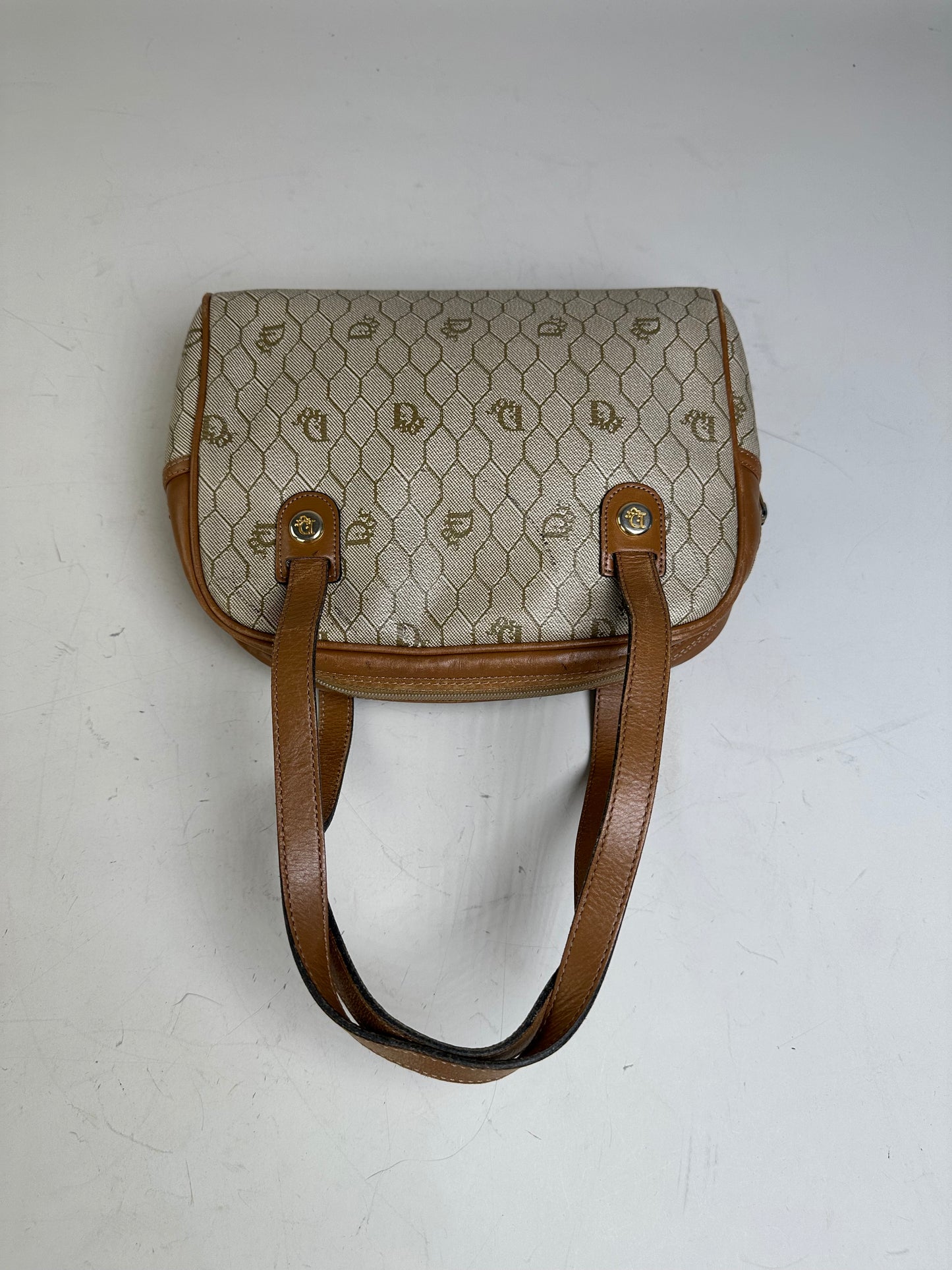 Vintage Dior Monogram Canvas Handbag Beige Brown Gold