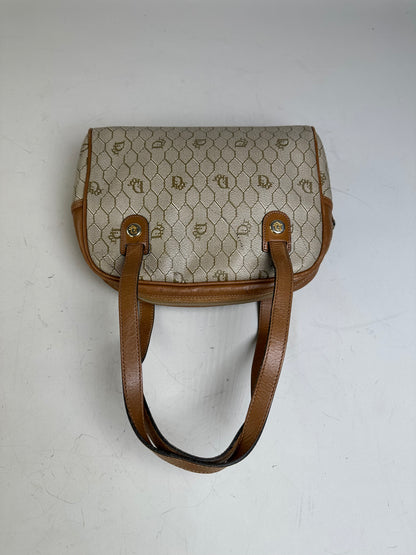 Vintage Dior Monogram Canvas Handbag Beige Brown Gold