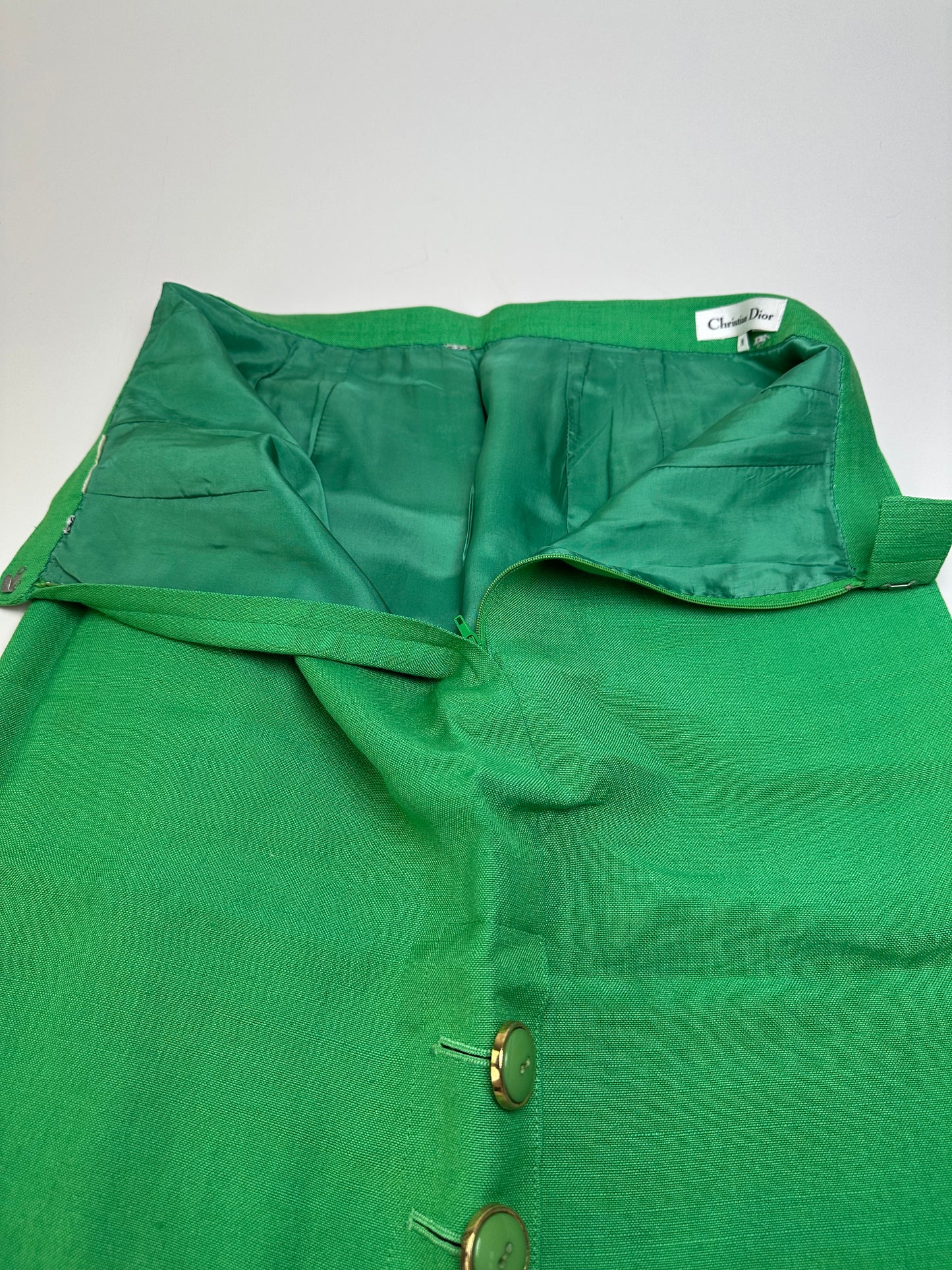 Vintage Dior Linen Blend Skirt Green Gold Buttons