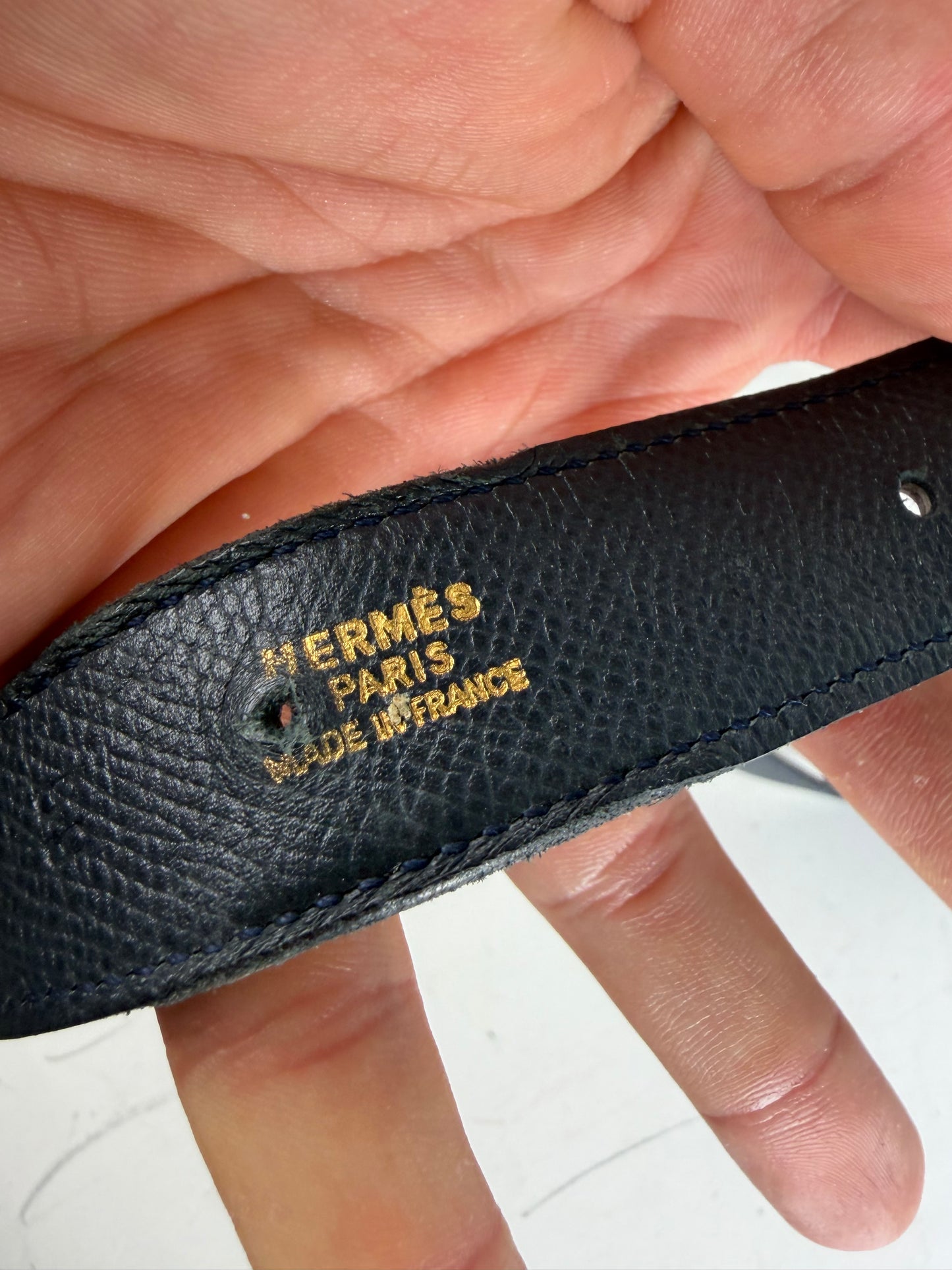 Vintage Hermes Leather Belt Strap Navy Gold
