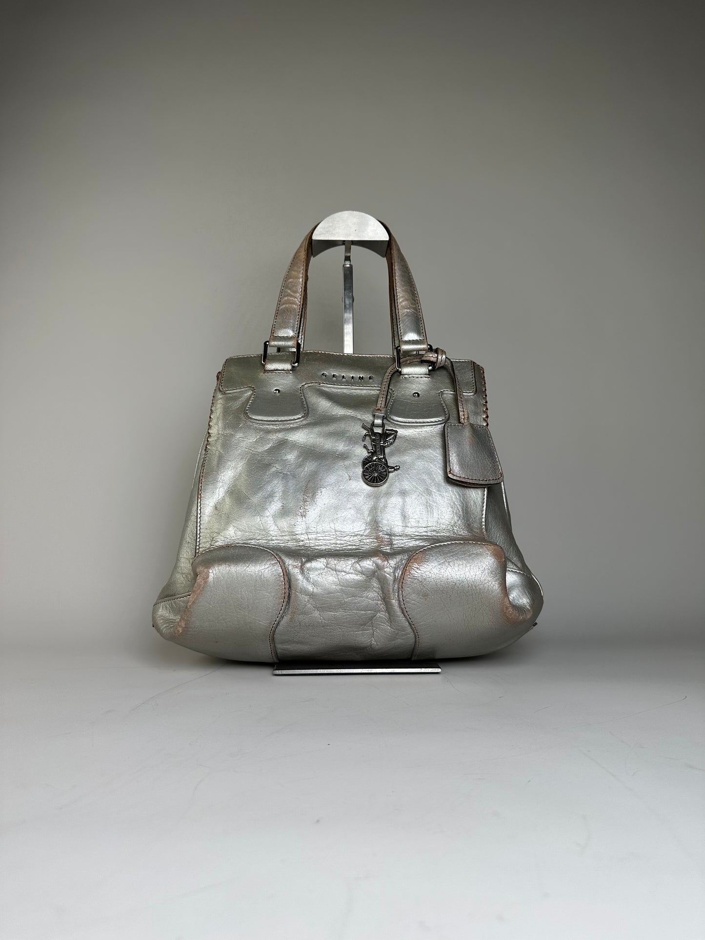 Vintage Celine Metallic Leather Tote Silver