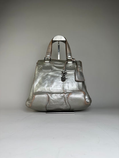 Vintage Celine Metallic Leather Tote Silver