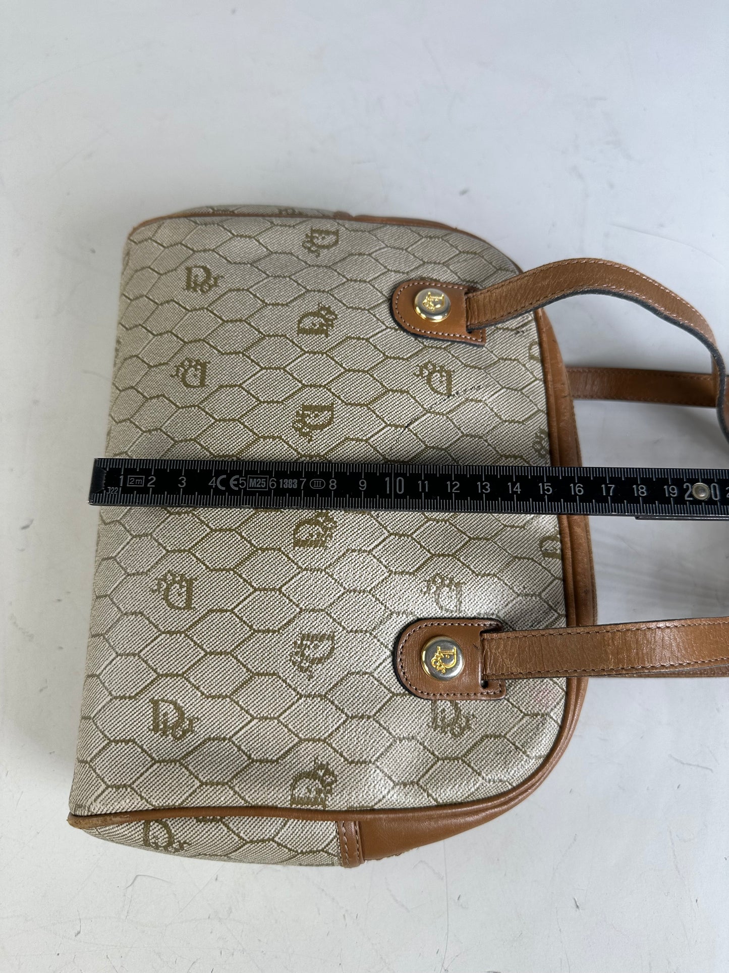 Vintage Dior Monogram Canvas Handbag Beige Brown Gold