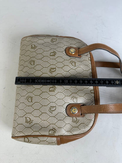 Vintage Dior Monogram Canvas Handbag Beige Brown Gold