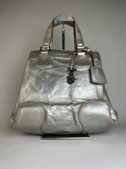Vintage Celine Metallic Leather Tote Silver