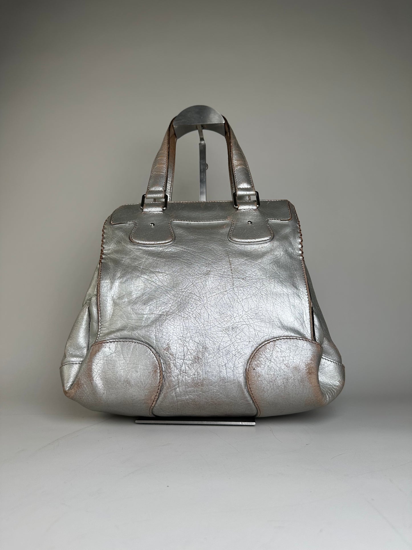 Vintage Celine Metallic Leather Tote Silver