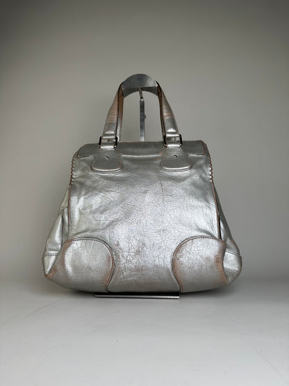 Vintage Celine Metallic Leather Tote Silver