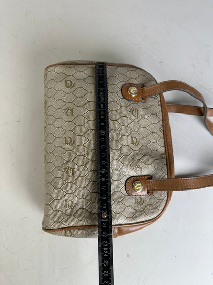 Vintage Dior Monogram Canvas Handbag Beige Brown Gold