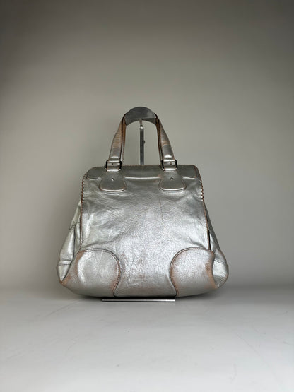 Vintage Celine Metallic Leather Tote Silver