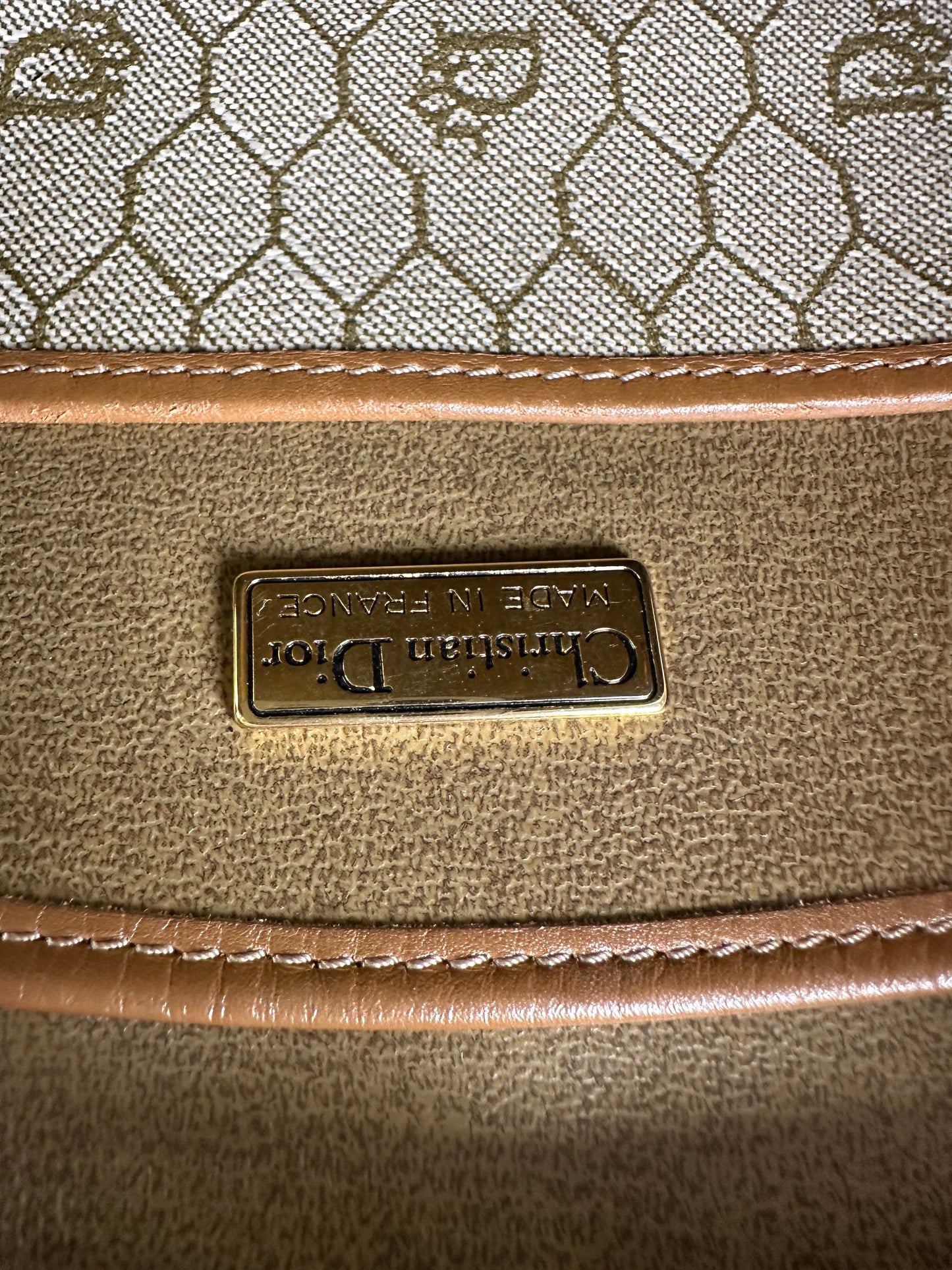Vintage Dior Monogram Canvas Handbag Beige Brown Gold
