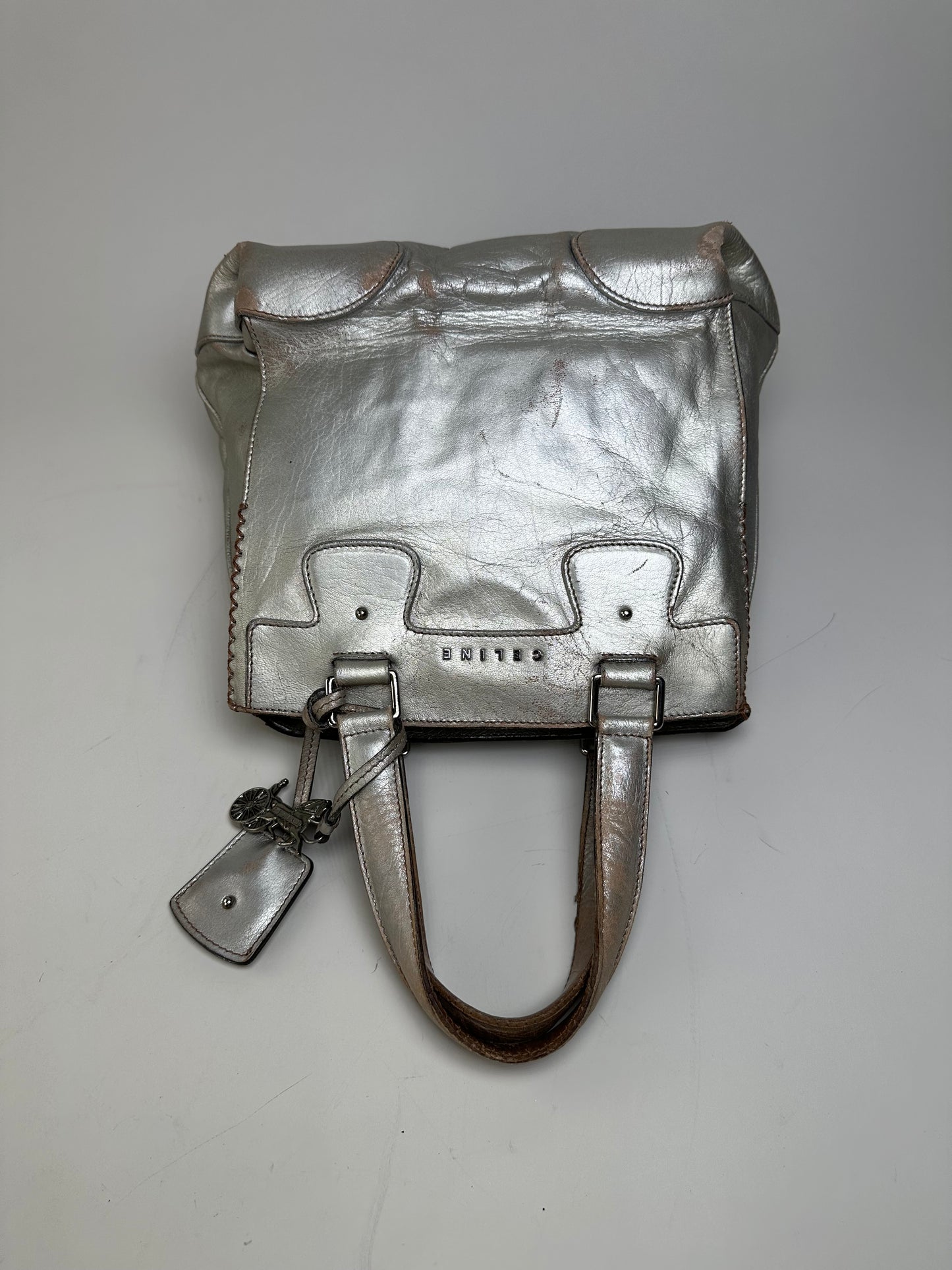 Vintage Celine Metallic Leather Tote Silver