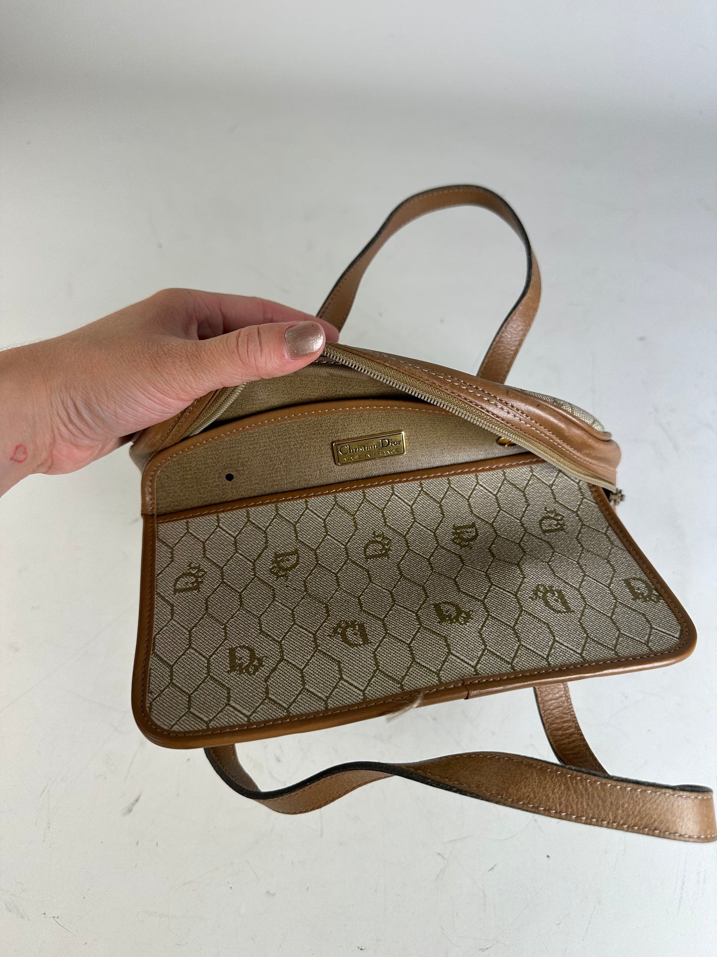 Vintage Dior Monogram Canvas Handbag Beige Brown Gold