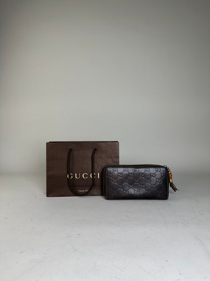 Vintage Gucci GG Embossed Leather Zip Wallet Dark Brown Gold